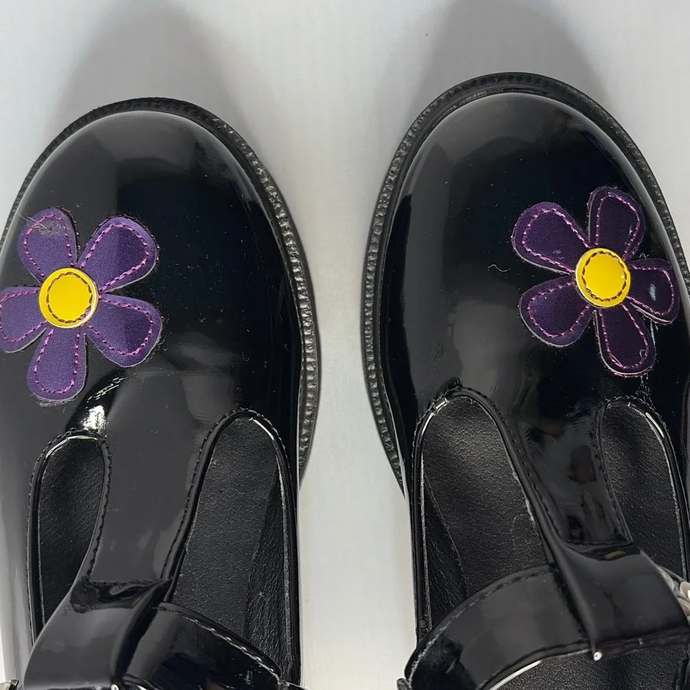 Black Patent Platform Mary Janes Flower Applique T-Strap Lug Sole Shoes Size 39